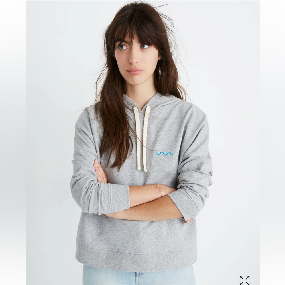 Madewell-3X-gray-Madewell+ Charity:water-embroidered, boxy, hooded, sweatshirt.
